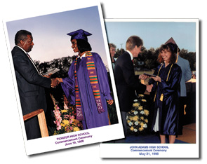 Two photographs of graduates receiving their degrees